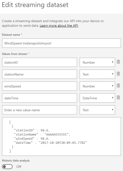 Power BI create streaming dataset