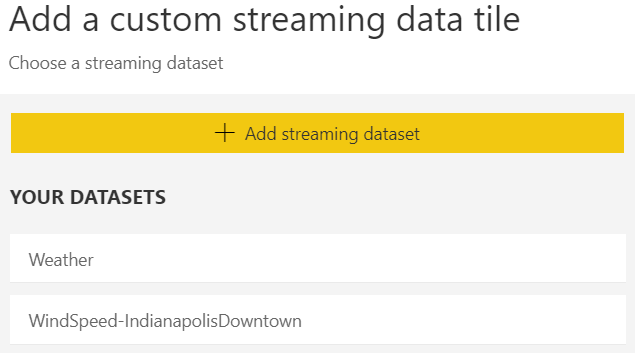 Power BI select a dataset for the streaming data tile